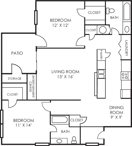 Floor plan for 2 beds, 2 baths, 1100 sqft